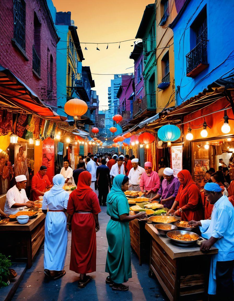 A vibrant urban scene depicting diverse people engaging in cultural activities and community gatherings, showcasing art, music, and traditional cuisine in a lively environment. Include elements such as street murals, food stalls, and individuals dressed in various cultural attire, highlighting the essence of modern living and connection. Use warm, inviting colors to evoke a sense of belonging and celebration. super-realistic. vibrant colors. 3D.