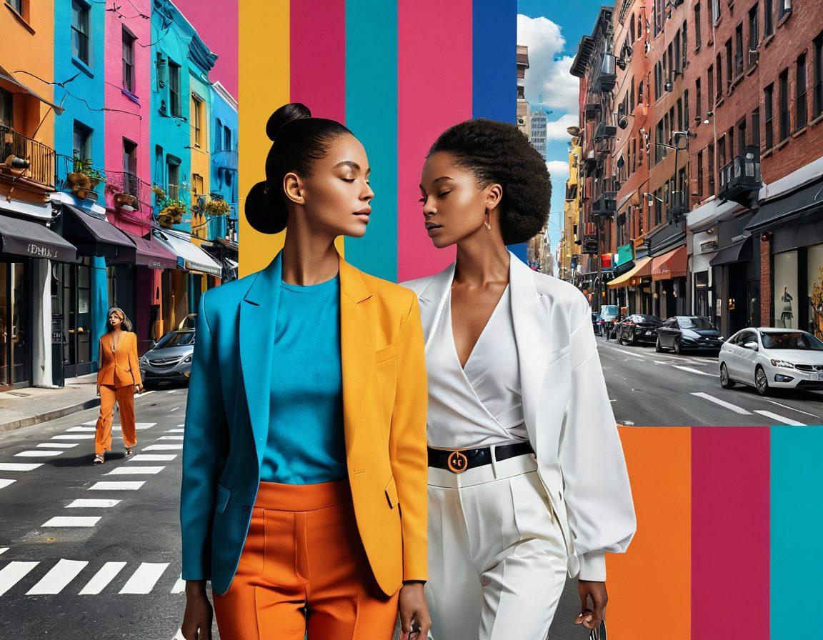 A vibrant collage illustrating the journey from fashion to wellness, featuring a stylishly dressed figure transitioning from a bustling city street to a serene wellness retreat. Include elements like luxury clothing, healthy food, and meditation symbols to represent the fusion of style and health. The background should shift from urban chic to tranquil nature, symbolizing balance. Use vivid colors to enhance the visual impact. super-realistic. vibrant colors. 3D.