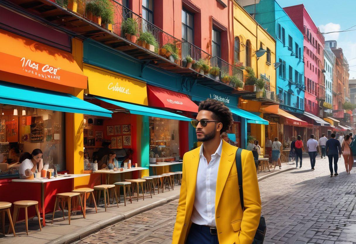 A stylish individual navigating a vibrant cityscape filled with cultural icons, like street art and trendy cafes, as they explore lifestyle trends. Include diverse people interacting, a blend of traditional and modern elements, showcasing richness in culture. Use bright colors and dynamic composition to reflect the energy of city life. super-realistic. vibrant colors. urban environment.